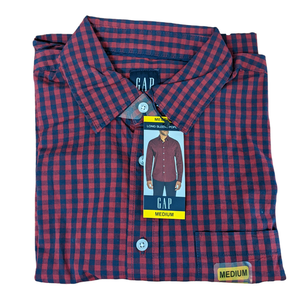 Gap Poplin Shirt Mens Medium Merlot Navy Plaid Long Sleeve Button Down Checkered